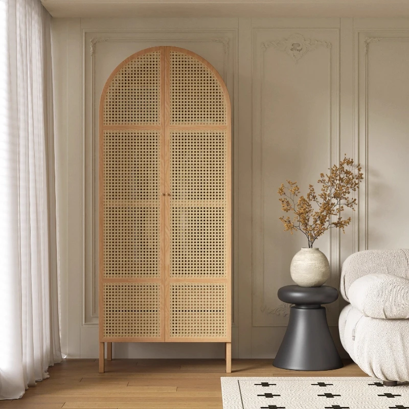 Solid Wood Rattan Wardrobe  Minimalism  Style Storage Clothes Closet Bedroom Furniture Wabi-sabi Style Closet