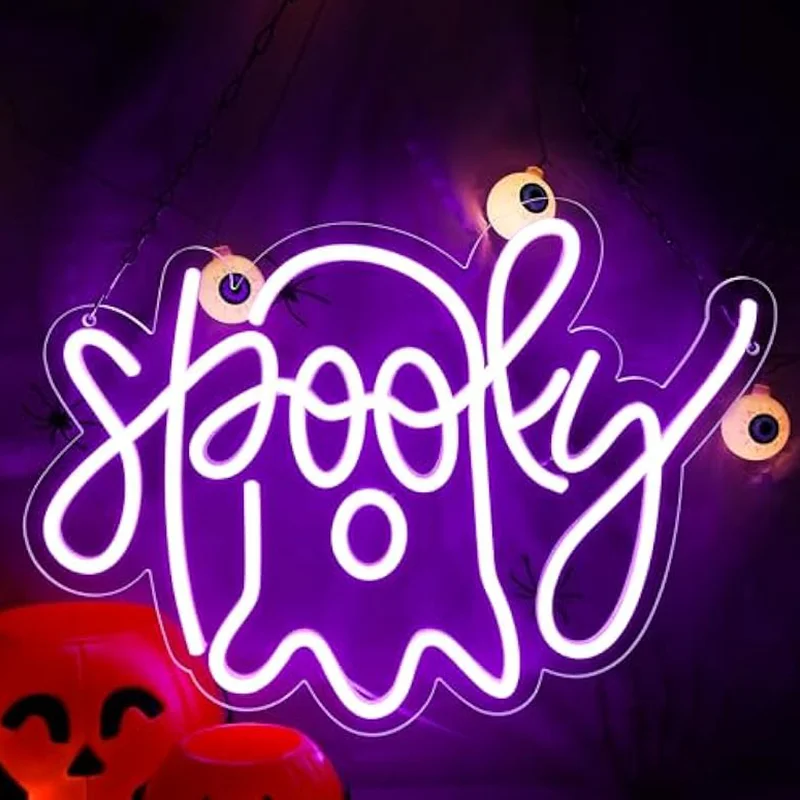 Halloween Ghost Neon Sign Purple Ghost Led Light Up Sign Wall Decor For Halloween Party Home Bar Man Cave Birthday
