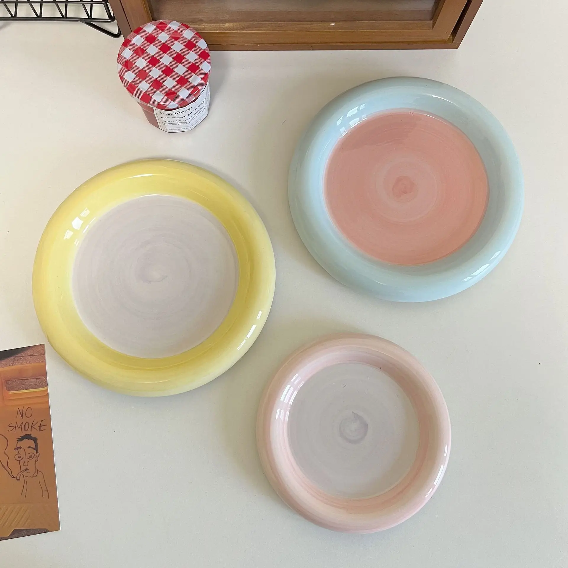 طبق سيراميك مستدير، طبق طعام غربي ذو حدين سميك، طبق للوجبات الخفيفة الإبداعية، أدوات المائدة الأوروبية، أدوات المطبخ ذات الدورة الرئيسية من السيراميك #3