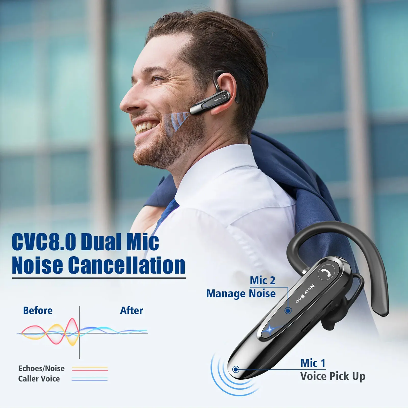 LC-B45 Bluetooth 5.0 Headset Single In-Ear Wireless Earphone Hands-Free with Mic CVC8.0 Noise Cancelling Talk For Driving