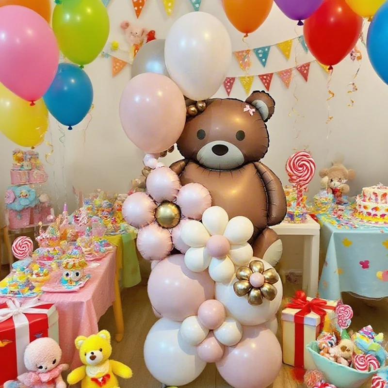 Brown Bear Balloon Set Flower Aluminum Film Balloon Pink Latex Balloon Ribbon Bow for Birthday and Wedding Decoration - view 5