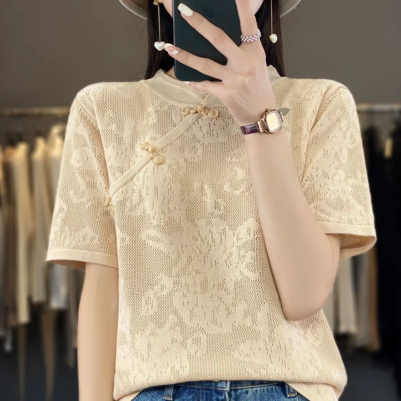 New Summer Women Chinese Buckle Sweater T-shirt Short-sleeve Three-dimensional Jacquard Hollow Pullover Tees Casual Knitted Tops