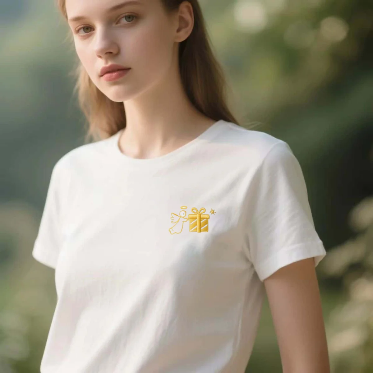 

2025 New Christmas Gift Box Embroidery Minimalist T-Shirt - Premium Cotton, Single Color & Design - Festive Essential Tee
