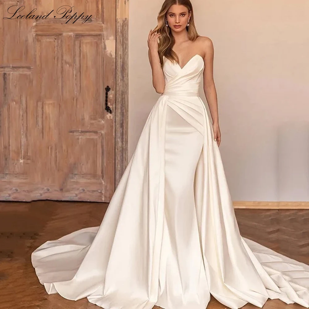 

Lceland Poppy Strapless Mermaid Satin Wedding Dresses 2 Pieces Pleated Bridal Gowns with Detachable Train