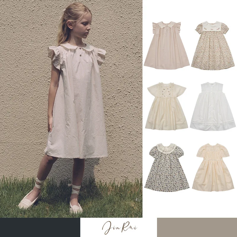 

2025 Summer Girls' Skirt Short Sleeve Washed Cotton Tencel Cotton Printed Dress