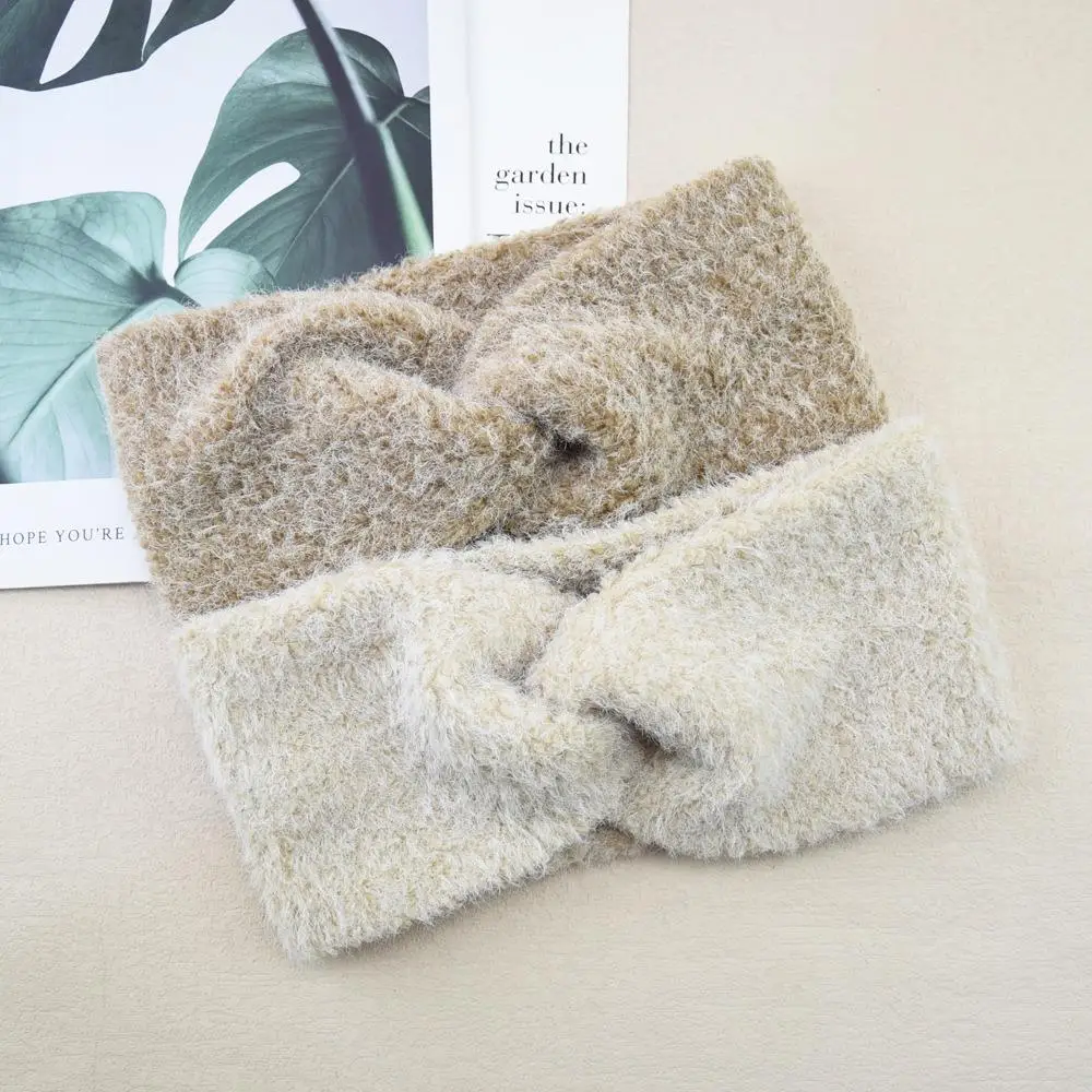 

Плюшевая повязка для волос с крестом, сплошной цвет, мягкая эластичная шерстяная вязаная повязка на голову, защита ушей для мытья лица, макияжа, широкая повязка на голову