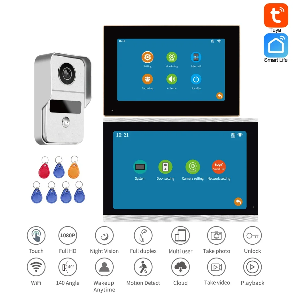 2.4G WIFI Video Intercom System Tuya APP Control Smart Life Video Door Phone 7/10 Inch Screen 1080P Door Bell RFID Unlock