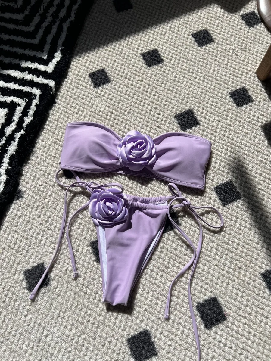 2025 Bandeau Floral Micro Bikini Sexy Women Swimsuits Female Swimwear Bikini Set Brazilian Biquini Swimming Suit Solid Beachwear