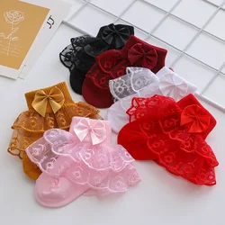 6 Pairs of Spring and Summer Thin New Princess Double Lace Bow Breathable Solid Color Socks for Girls