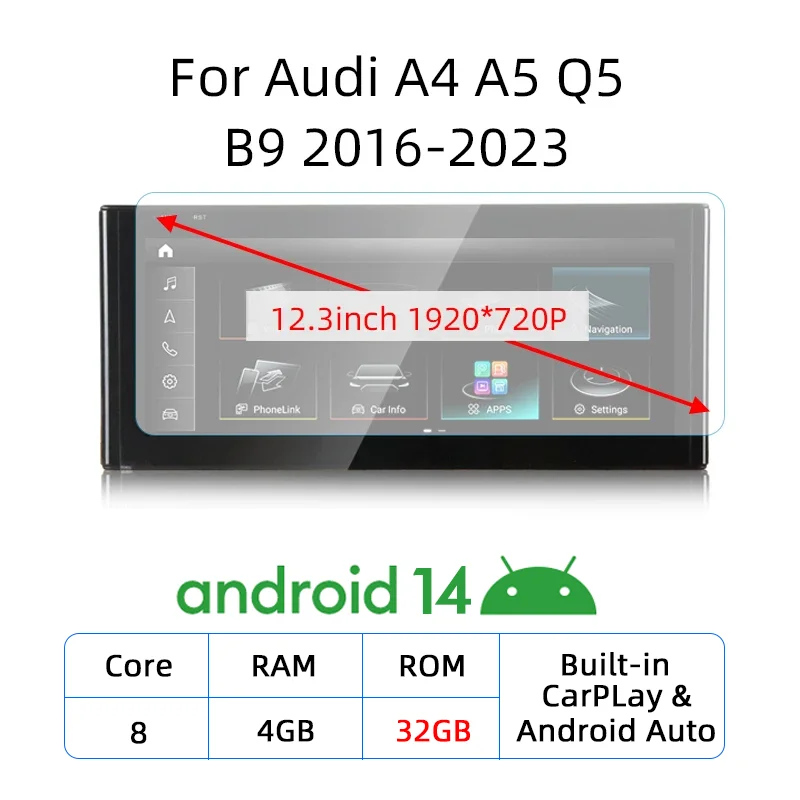 12.3 inch Android 14 draadloze Carplay voor Audi A4 A5 Q5 B9 2017 2016-2023 IPS touchscreen WIFI multimedia stereo GPS navigatie ontvanger