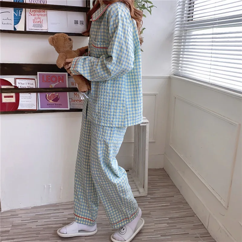 Long-Sleeved Pajamas Women\'s Spring Autumn Summer Casual Thin Korean Ins-Style Student Plaid Doll Collar Loungewear Birthdaygift