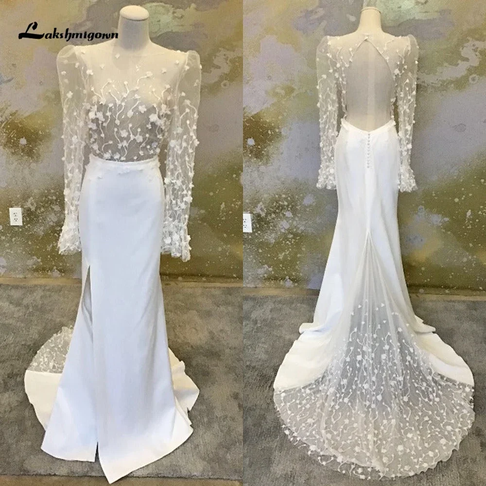 

Boho Split O Neck Full Puff Sleeve Sexy Open Back Button Lace Sweep Satin Mermaid Wedding Dress Bridal Gowns Robe De MariéeCusto