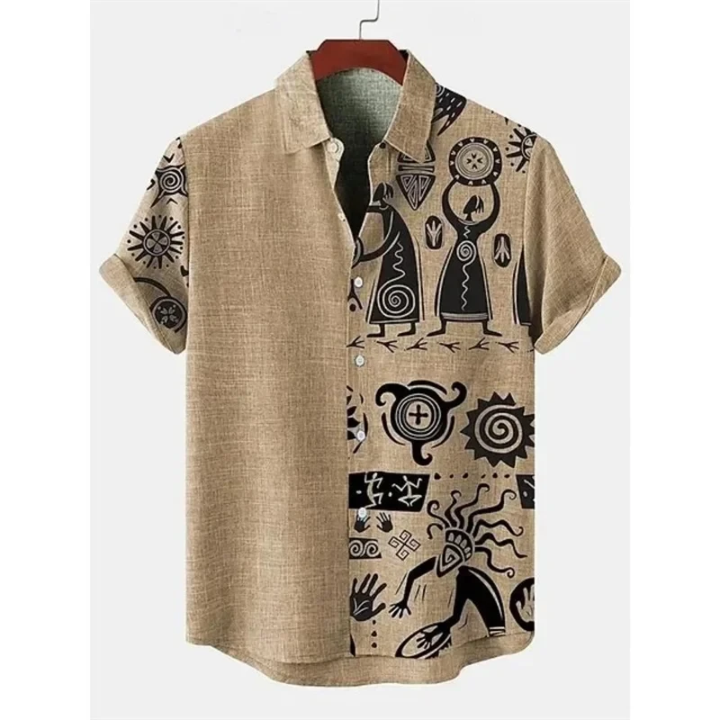 Vintage Ancient Rock Art Tribal Character Totem Pattern Unisex Short Sleeve Blouse Camp Collar Loose Vacation Shirt