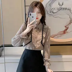 Femme Spring Summer Korean Fashion Button Printing Simplicity Polo Collar Women Shirts All-match Ruffles Long Sleeve Cardigan