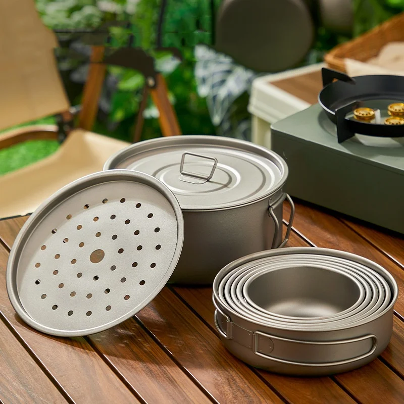 

Pure Titanium Outdoor Pot, Frying Pan, Camping Combination Tableware, Foldable, Lightweight, Portable Soup Pot, Frying Pan Set