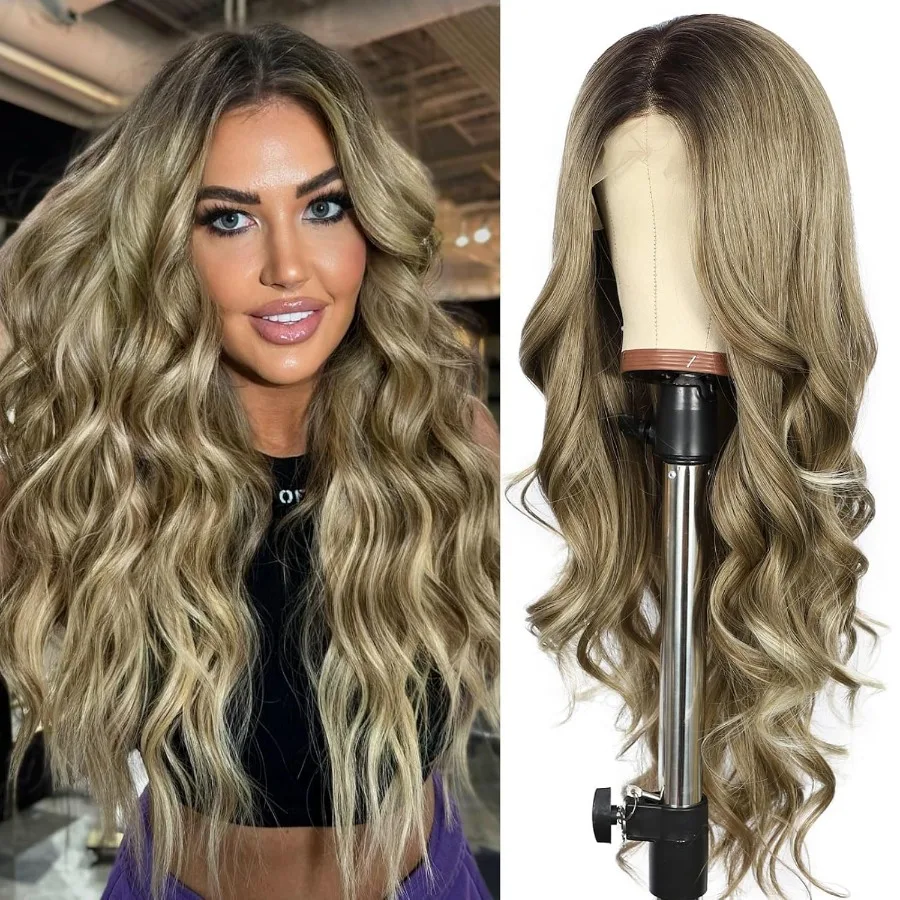 Longo corpo marrom ondulado perucas para mulher 13x4 peruca dianteira do laço sintético com pontas loiras cabelo onda natural para uso diário cosplay par