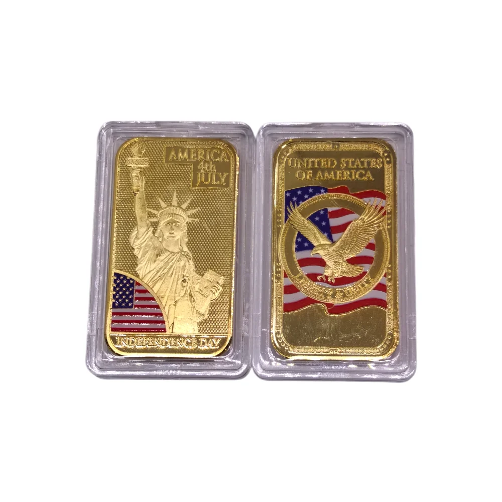 USA Independence Day Gold Plated Bar Statue of Liberty & American Eagle Commemorative Bar with Color Flag