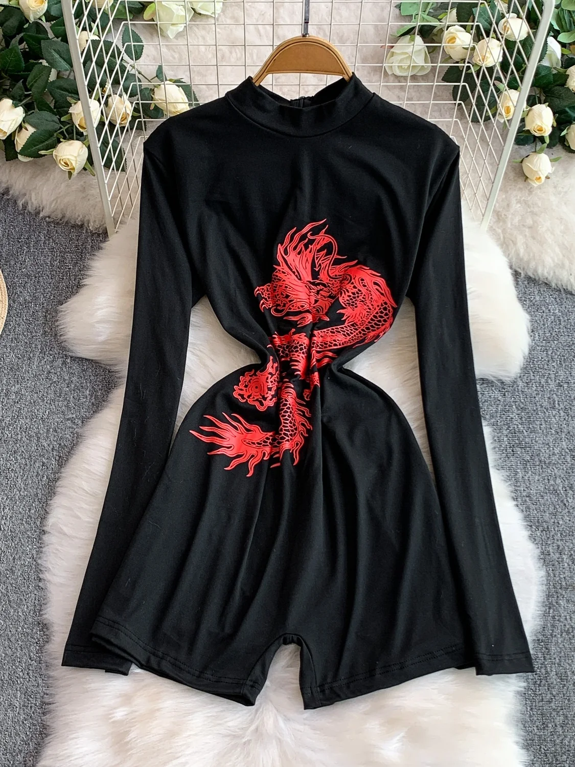 

Retro Dragon Pattern round Ne Piece Pants Women's Casual ort orts High Waist Wide Leg Commute Sle Autumn Faion