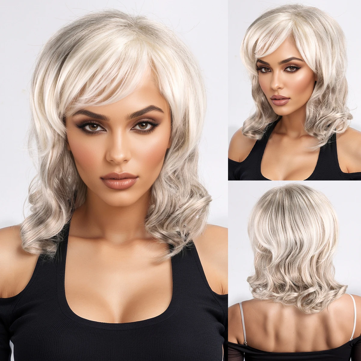 

European and American fashion wig for women, curly hair, side-parted, platinum blonde, fluffy, short curl, synthetic fiber wig