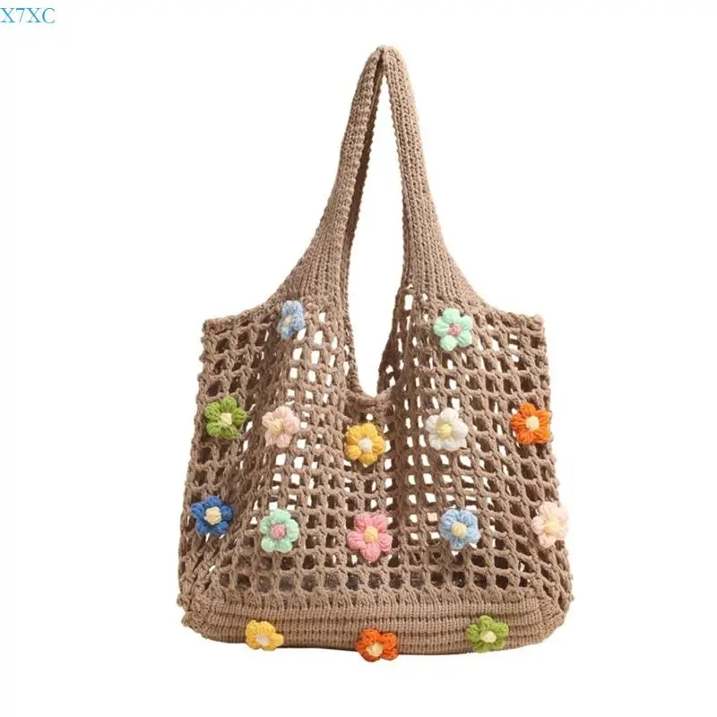 X7XC Women Handbag Fashion Armpit Bag Hollow Mesh Beach Bag Knitted Shoulder Bag