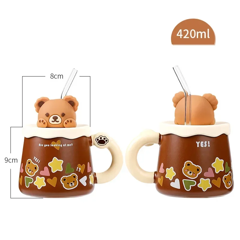 Kawaii Cup Cute Lovely Bear Ceramic Mug Large Capacity with Lid Coffee Cups Breakfast Milk Mugs Drinking with Straw Water Cup