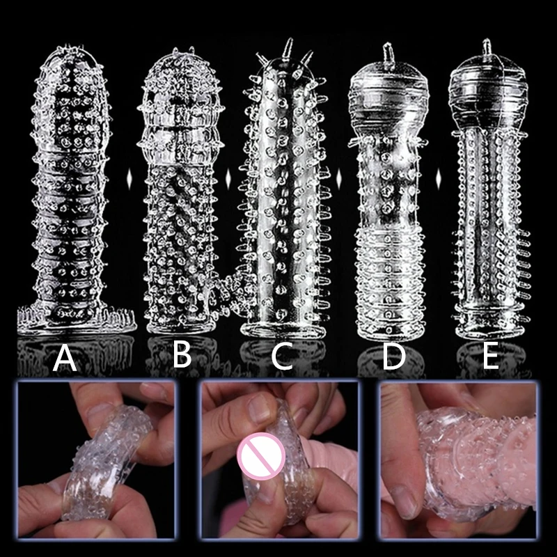 Extension Reusable Condom Penis Sleeve Male Enlargement Time Delay Spike Clit Massager Cover Crystal Clear Condoms Adult Sex Toy