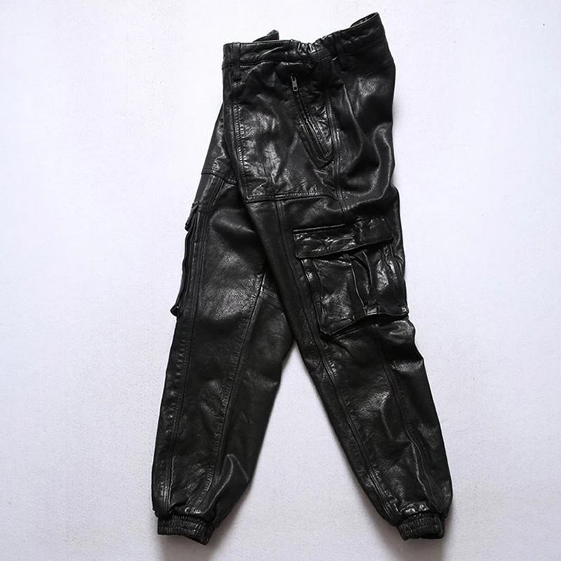 Motorcycle Sports Men's Casual Leather Pants Elastic Waist Black Vegetable Tanned Women's Cowhide Pants & Trousers