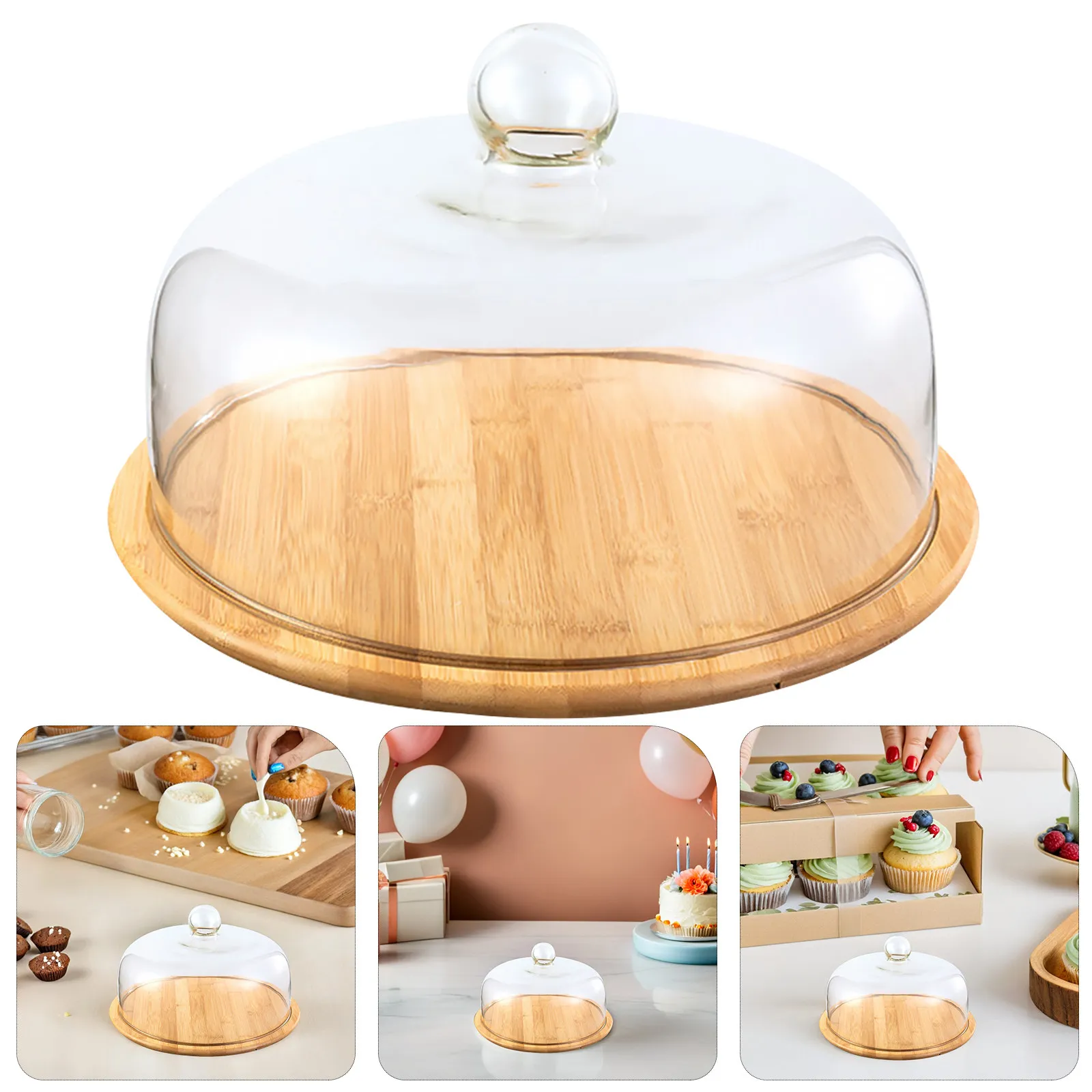 1Set Eco Friendly Wood and Tempered Glass Cake Tray with Lid Dessert Storage Rack Party Plate Bakery Display Plate Food Service