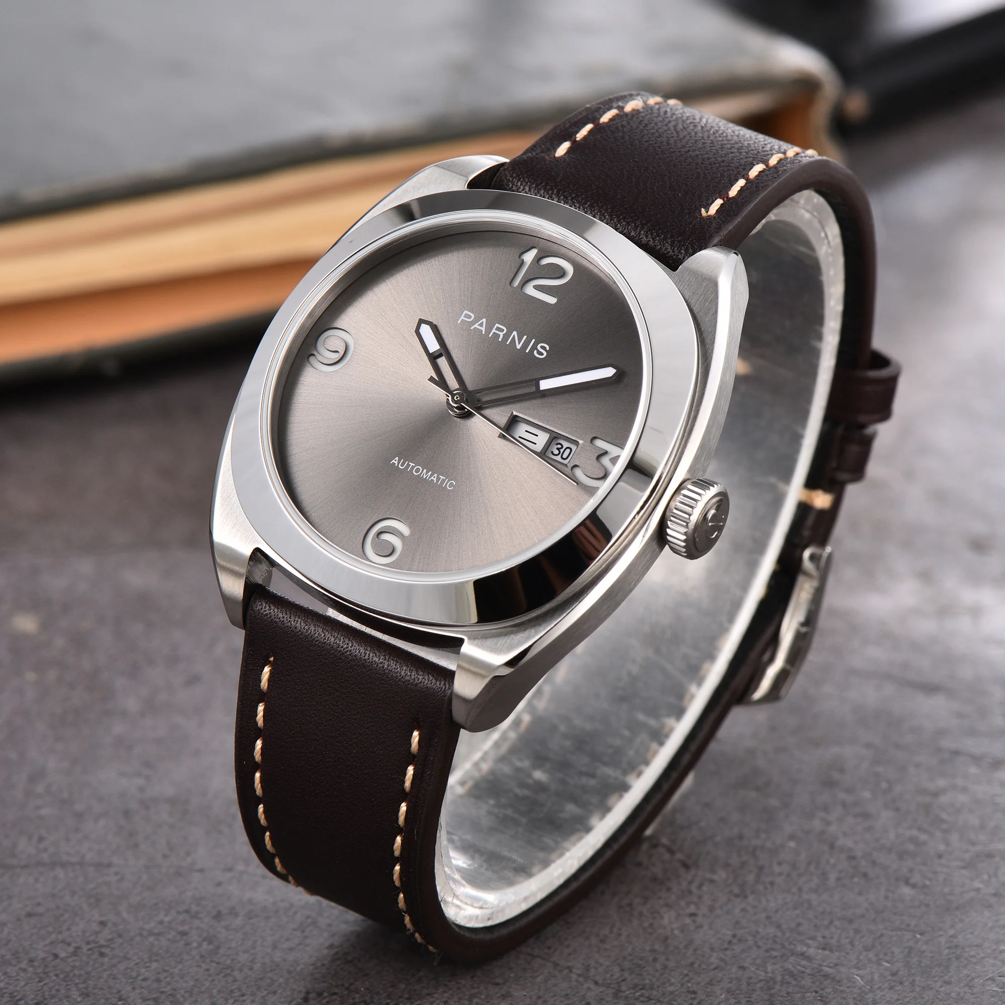 Parnis 42mm Gray Dial Mechanical Automatic Men Watch Sapphire Crystal Leather Strap Men's Waterproof Watches reloj hombre 2025