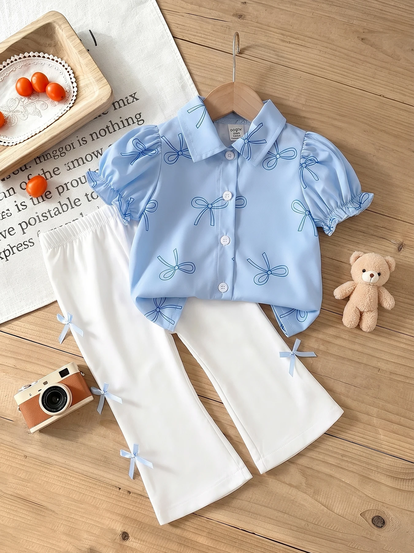 Trendy Infant Girl 2‑Piece Suit Collared Bow Print Top Bow Flare Trousers