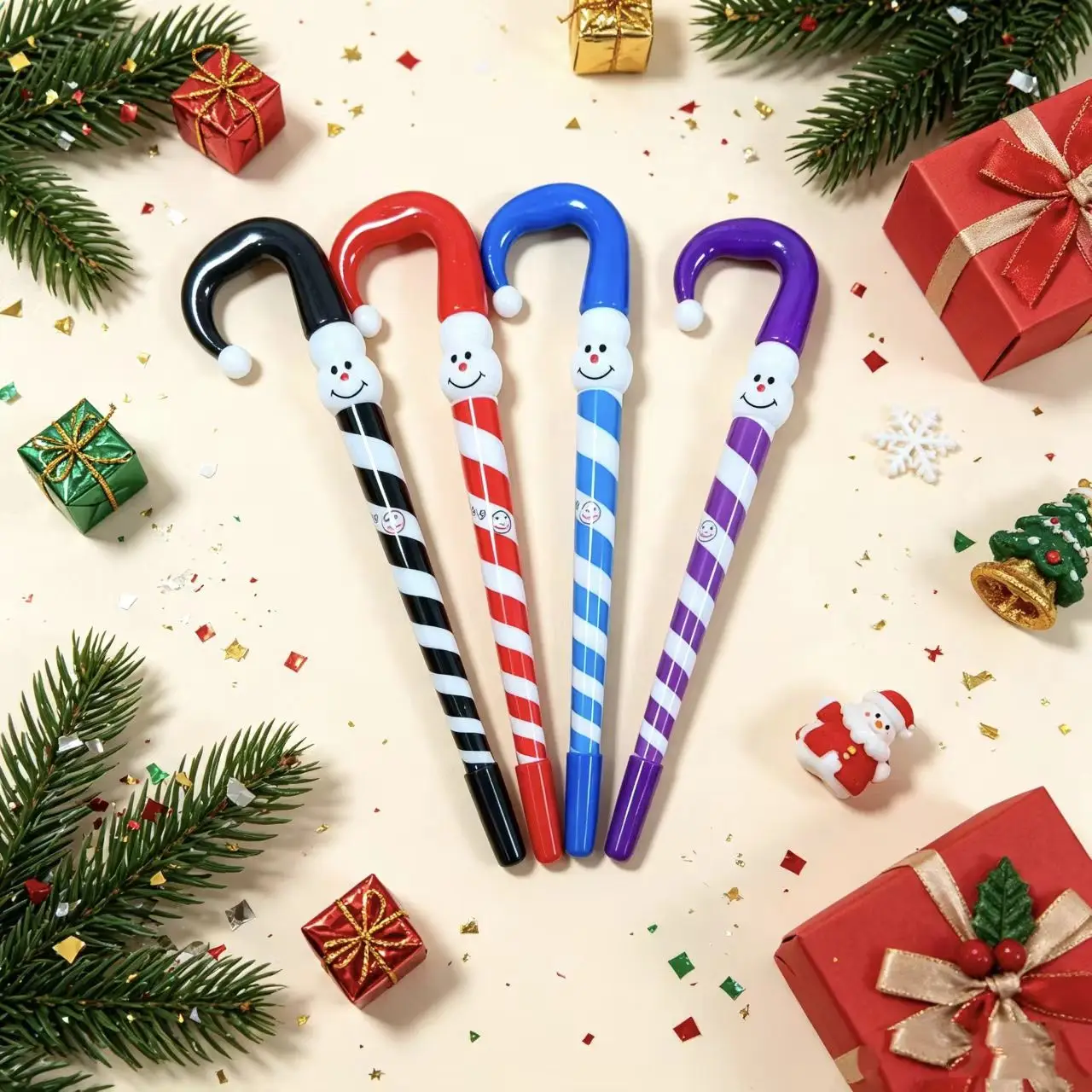 16/8 Pieces in Random Colors, Christmas Snowman Cane-Shaped Ballpoint Pen with Blue Ink, Cute Colorful Striped Holiday Gift Pen, Small Gift for Students, Cartoon Stationery for Writing in Journals, Halloween and Christ