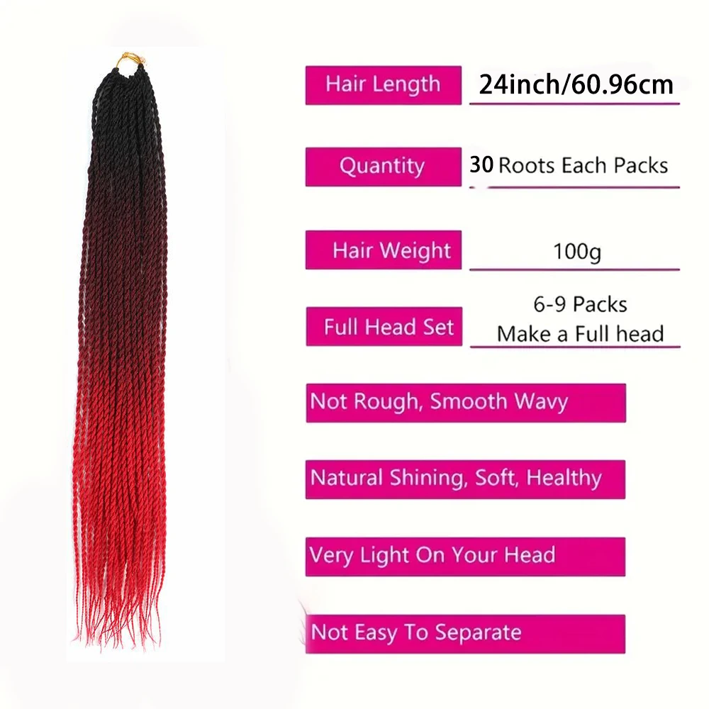 30 roots/pack Ombre Twist crochet Braids Hair Extensions wigs Synthetic Senegalese Braiding 24inch colorful dreadlocks Extension