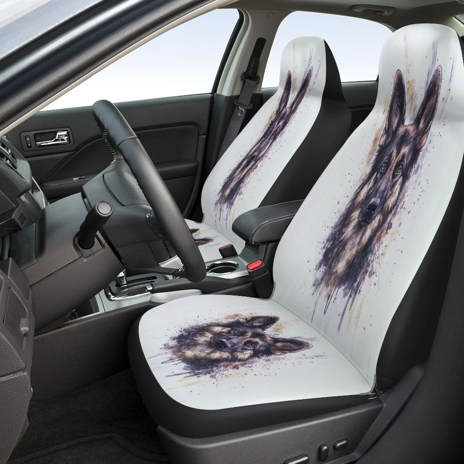 Wolf Portrait Themed Car Seat Cover Set - Trendy High-Quality Polyester Full Set For 2 Front & Rear Seats, Universal Fit For Mos
