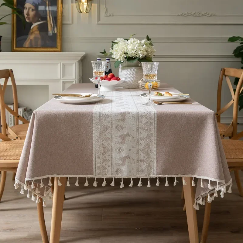 

Tablecloth Cotton Linen Stripe Tassel Stain Resistant Dust-Proof Table Cover Rustic for Kitchen Dinning Tabletop Christmas Decor