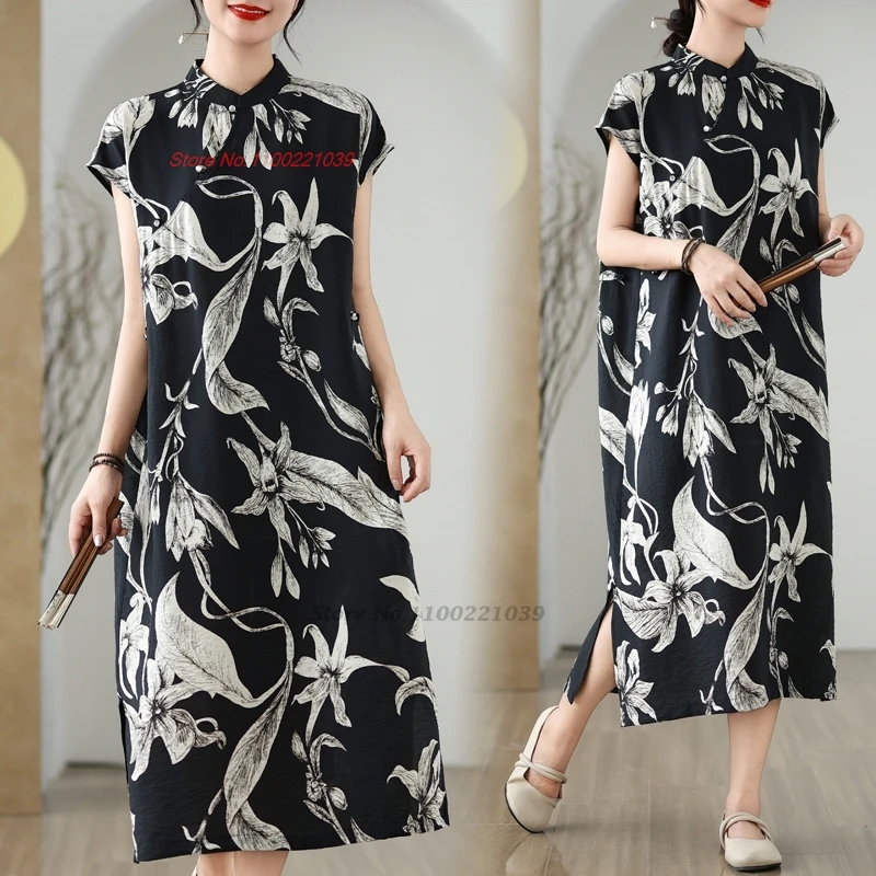 

2024 chinese improved qipao vintage dress cheongsam national flower print a-line qipao traditional loose folk dress streetwear