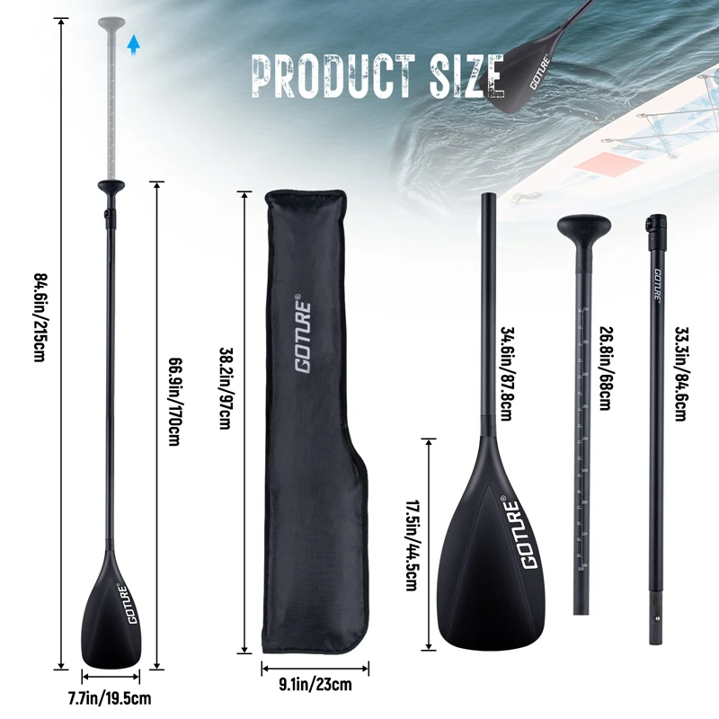 Goture 4pcs/Set Full Carbon Fiber SUP Paddle Adjustable Portable Stand Up Paddle Board 1.7-2.15m 3 Sections for SUP Accessory