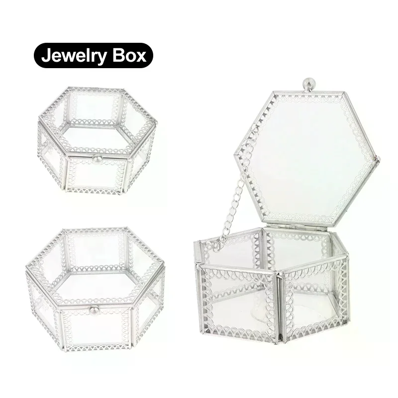 Transparent Glass Storage Box Jewelry Ring Earring Beads Coins Display Case Keepsake Organizer Tabletop Container Hexagon