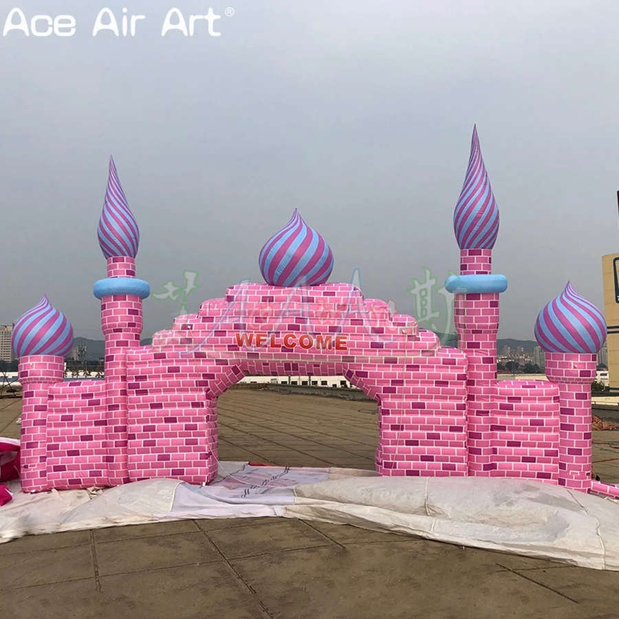 Pink Wall Inflatable Castle Arch Square Archway Red Purple Spire Balls with Free Fan for Birthday Parties and Gatherings