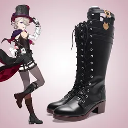 Fashion Game Impact Lyney Middle Boots PU Leather Metal Buckle Laces Heels Boots Cosplay Shoes For Women Men Size 225-275