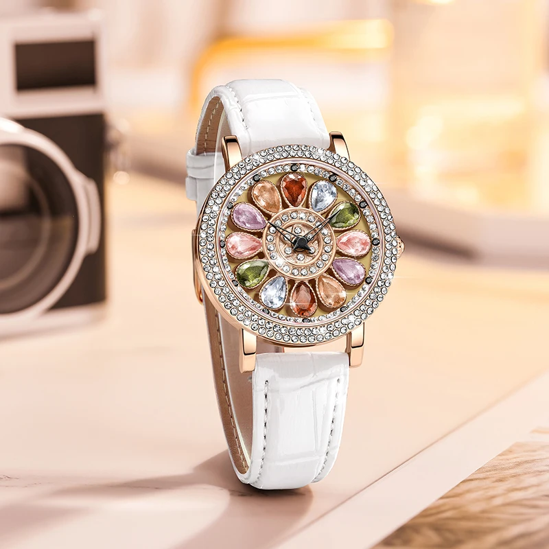 ROMITIME Women's Quartz Watch Waterproof Cool Fashionable Rotating Dial Durable Calfskin Strap Colorful Rhinestone Inlay