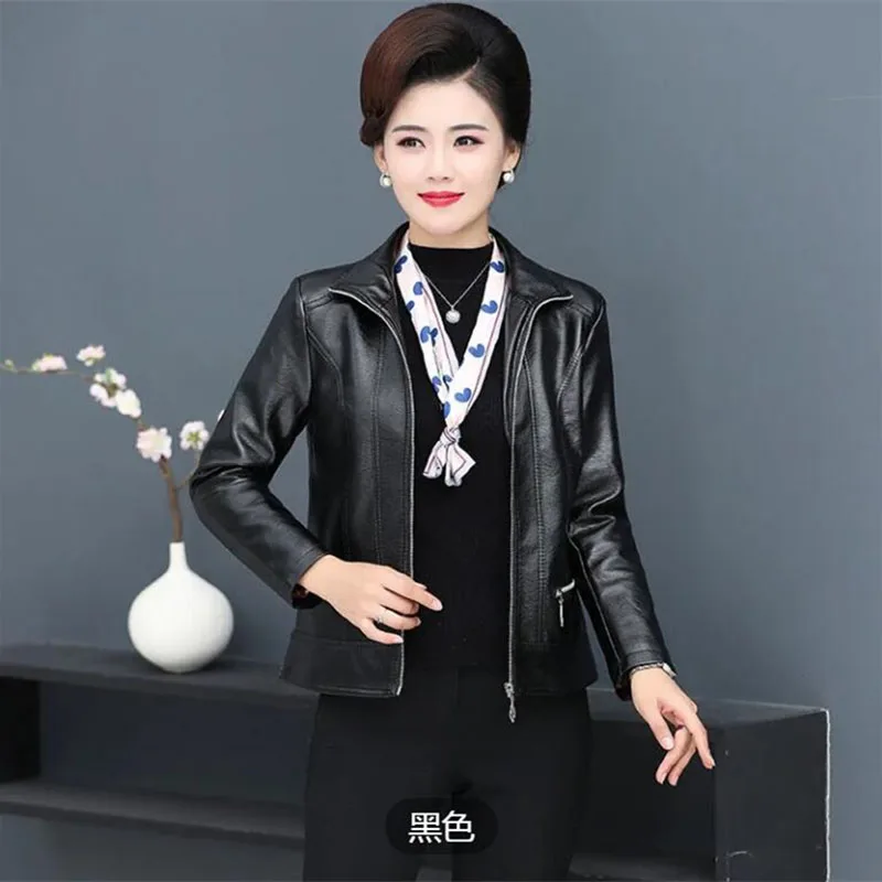 Fashion Elderly Women's Leather Clothes 6XL Big Size Women's PU Pi Jacket New Spring Autumn Casual Jackets Female Outerwear Tops