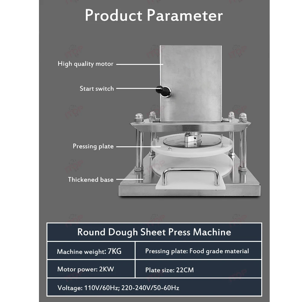 ITOP Round Dough Sheet Press Machine 22cm Food Grade Plate 2kw Motor Power High Efficiency