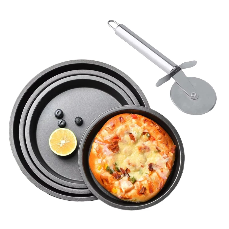 Round Pizza Pan with Pizza Knife Microwave Oven Pan Chip Tray Dish Carbon Steel Non-stick Mold 6/8/9/10Inch Kitchen Supplies TMZ
