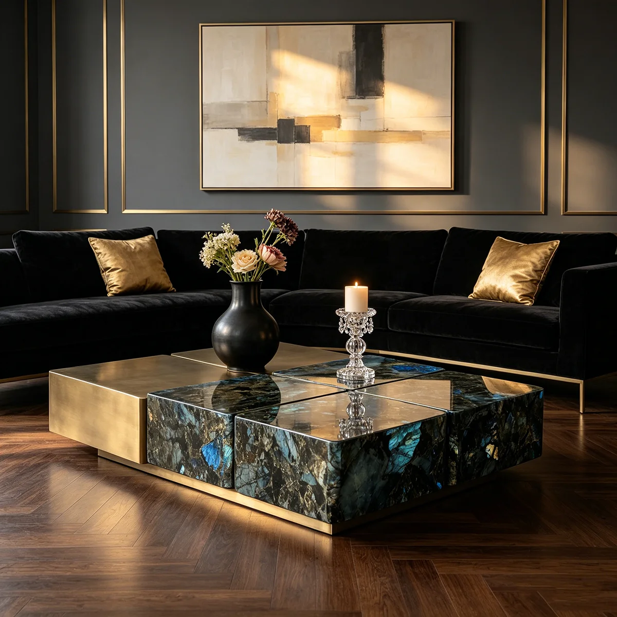 Modern Modular Coffee Table Labradorite Blue Iridescent Stone Antique Brass Metal Block Combination For Hotel Lobby Project