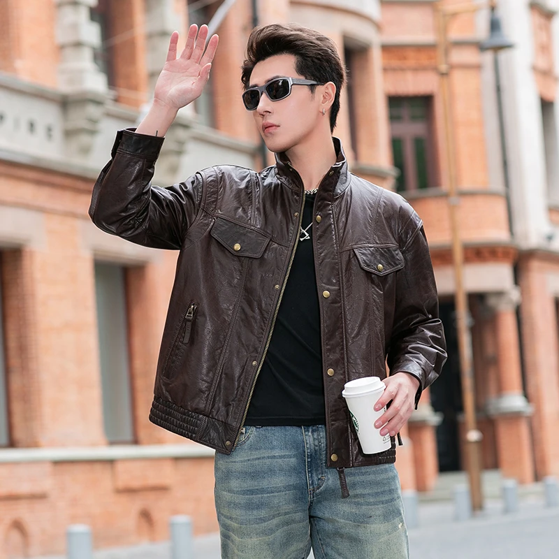 

High-End First Layer Cowhide Trendy Drop Shoulder Motorcycle Clothing Men's Genuine Leather Lapel Loose Flight Suit Jacket Coat