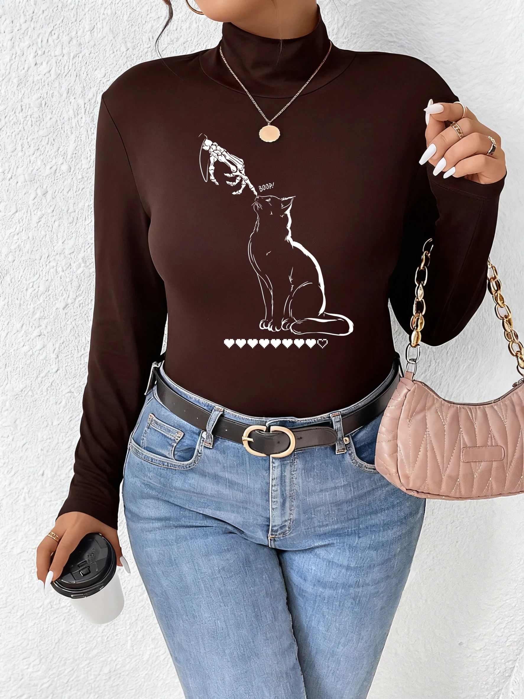 Boop القلب القط الطباعة النساء القمصان الأساسية الصوف نصف الرقبة العالية طويلة الأكمام العصرية الخريف أعلى الملابس الرياضية كل مباراة #2