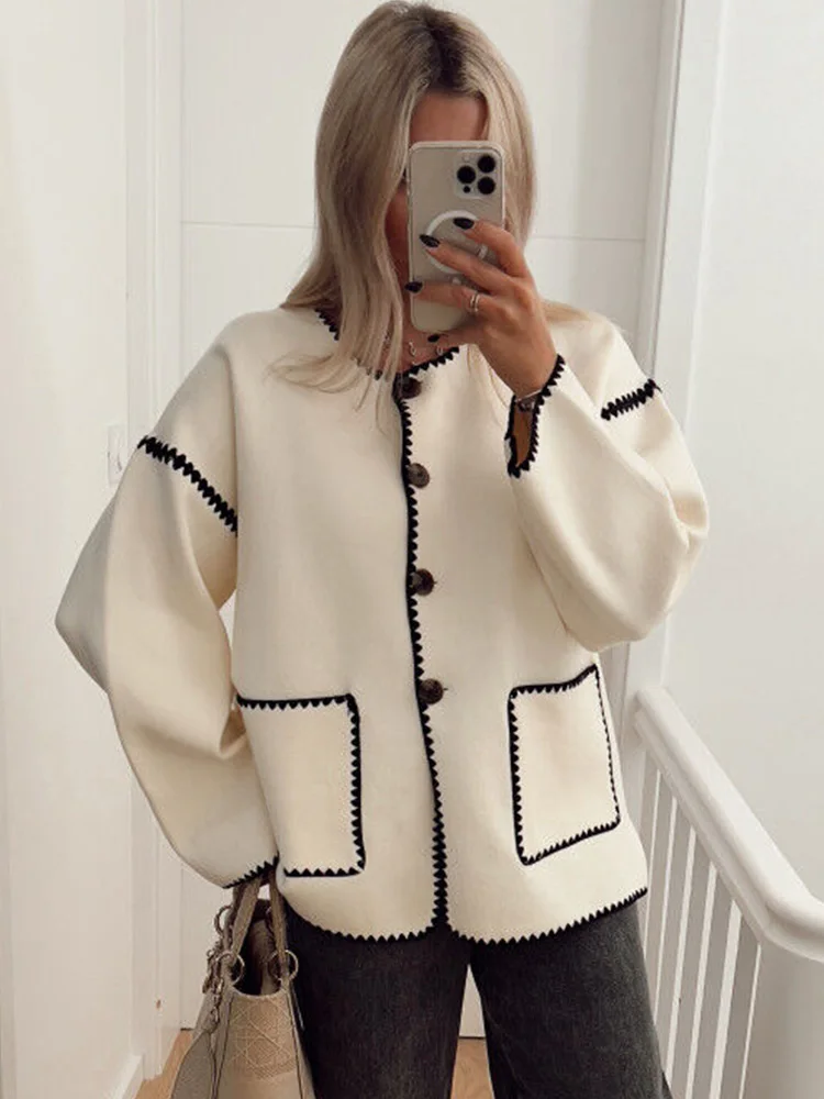 

Autumn Winter Jackets Women Elegant Long Sleeve Coats Female Fashion Loose Single Breasted Jacket Vintage O-Neck Outerwear