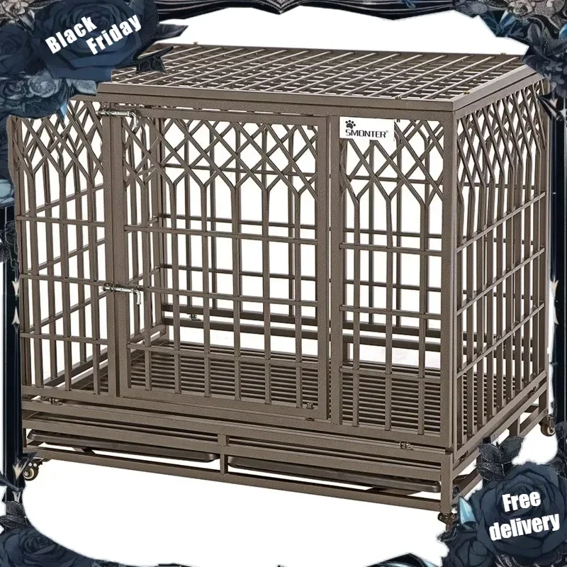 Heavy Duty Dog Crate Strong Metal Pet Kennel Playpen with Two Prevent Escape Locks Large Dogs Cage with Wheels