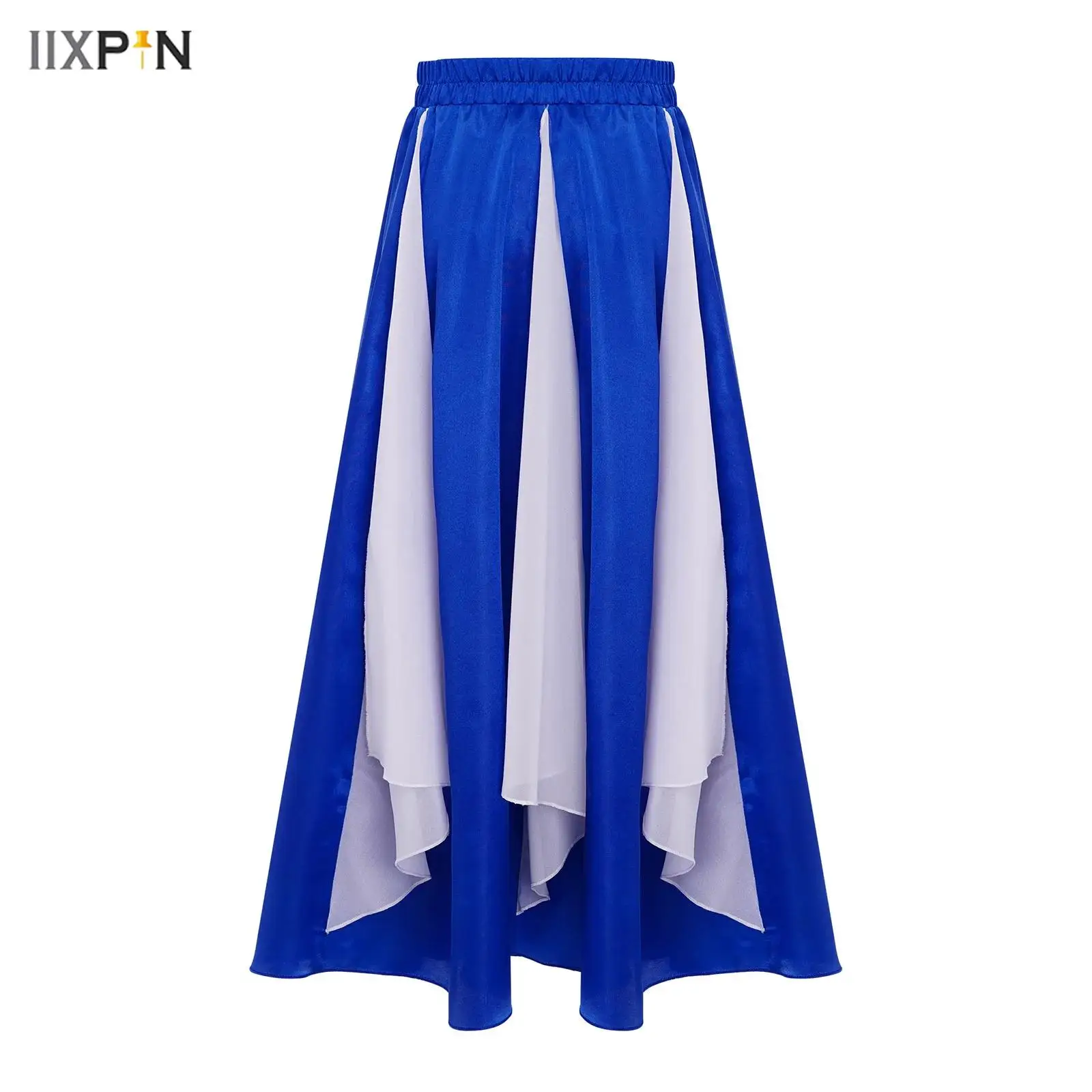 

Kids Girls Praise Dance Skirts Worship Flamenco Stage Performance Costume Color Block Wide Hemline Chiffon Panel Satin Skirt
