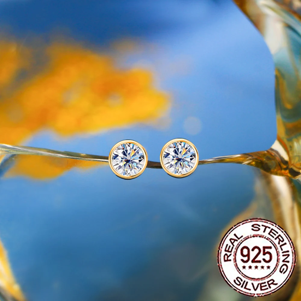 CWWZircons S925 Sterling Silver Simple Cubic Zircon Gold Color Round Daily Stud Earrings for Women Party Jewellery Gifts SE083